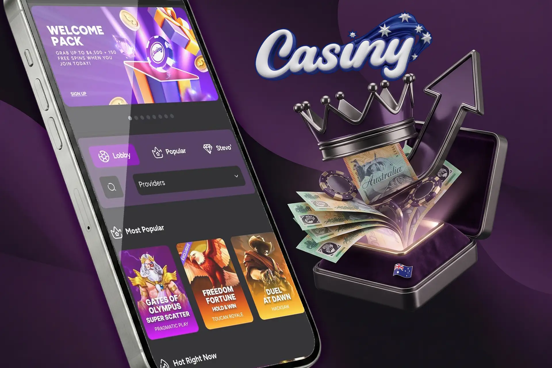 Reasons why players in Australia choose online pokies at Casiny, highlighted by a mobile casino lobby and a premium box overflowing with AUD banknotes and a crown
